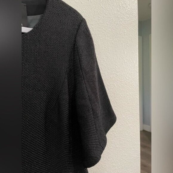 BEVZA Black Feminine Designer Sheath Mini Dress Textured Chic Silk Wool Blend - Picture 5 of 13